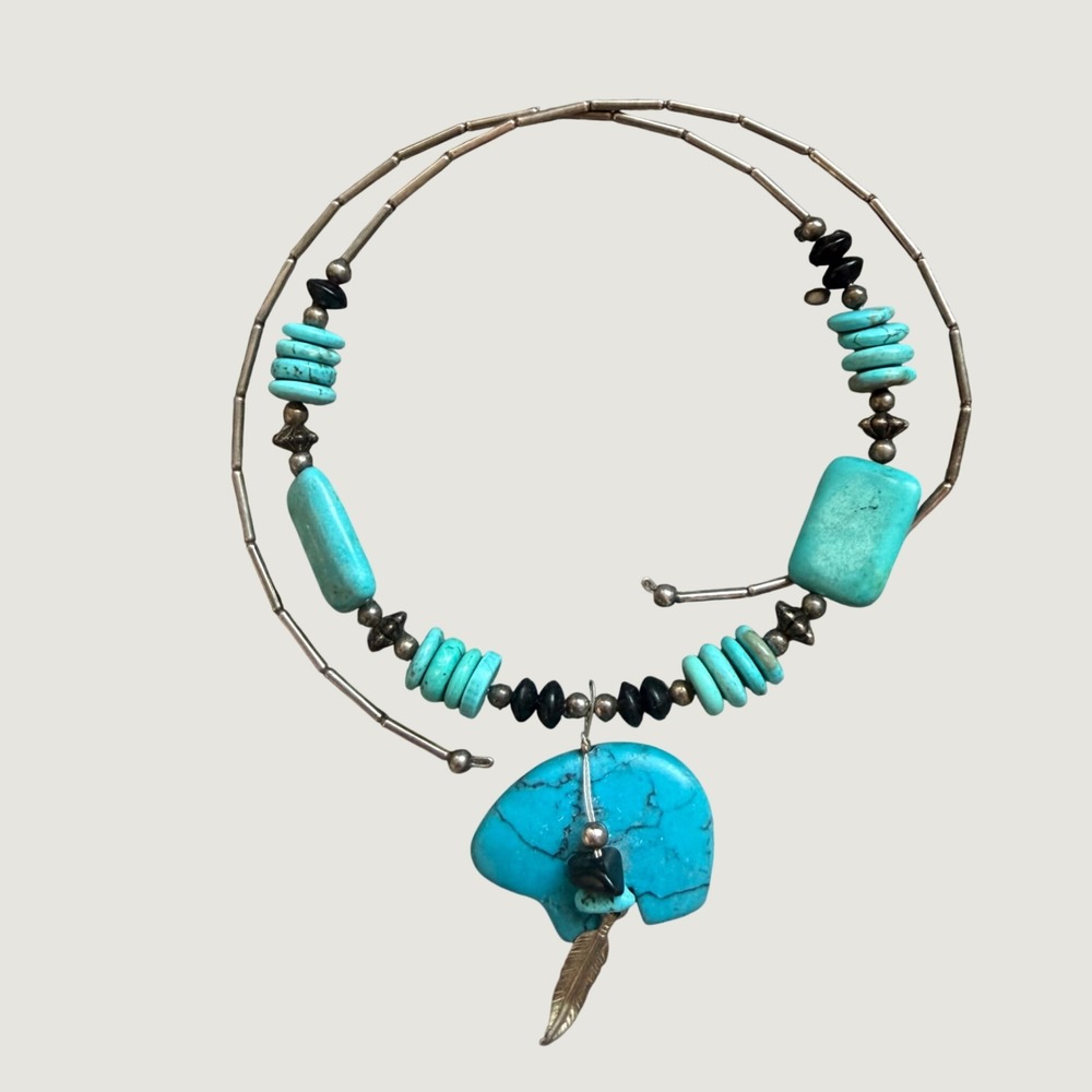 Turquoise Bear Fetish Memory Wire Necklace Southwestern Boho Blue OS